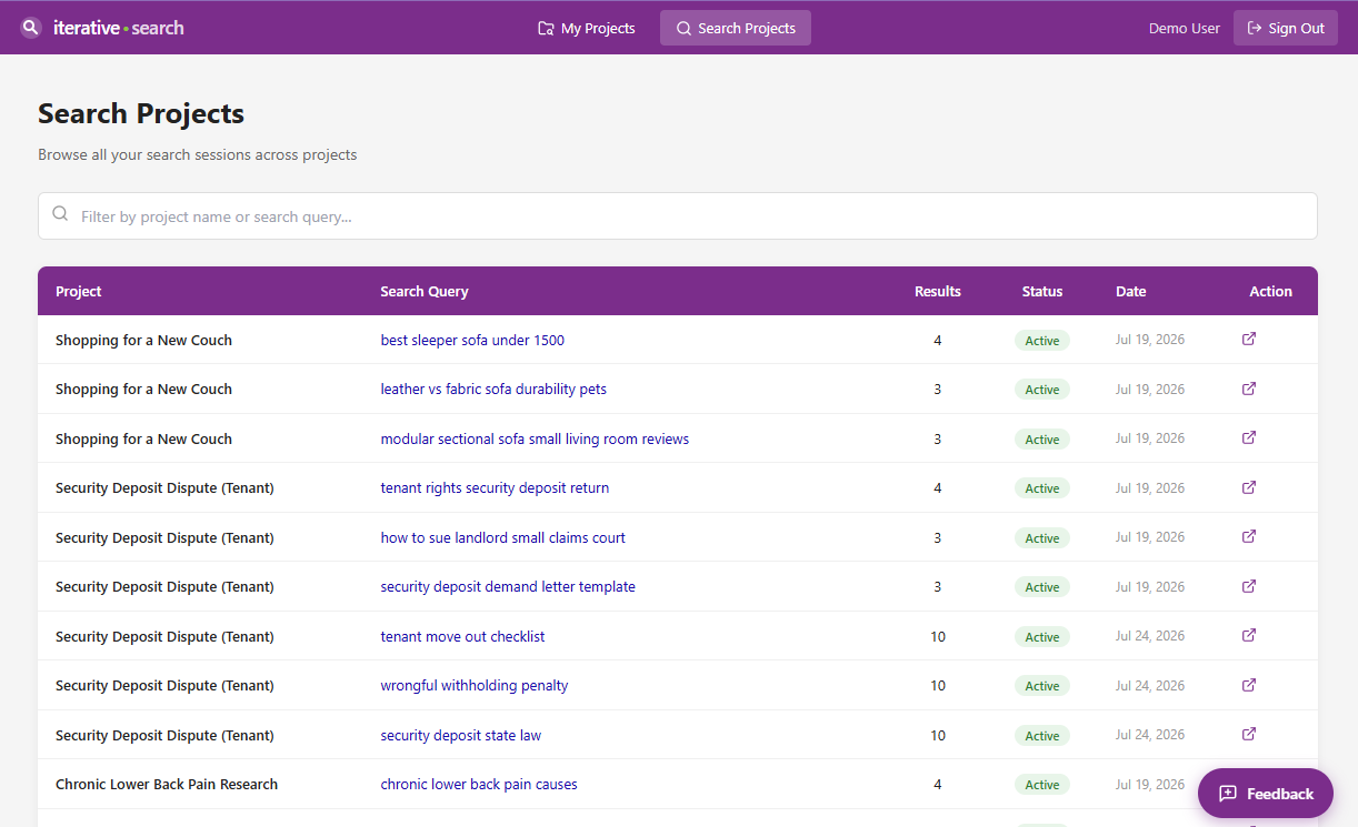 Research projects interface showing organized research topics