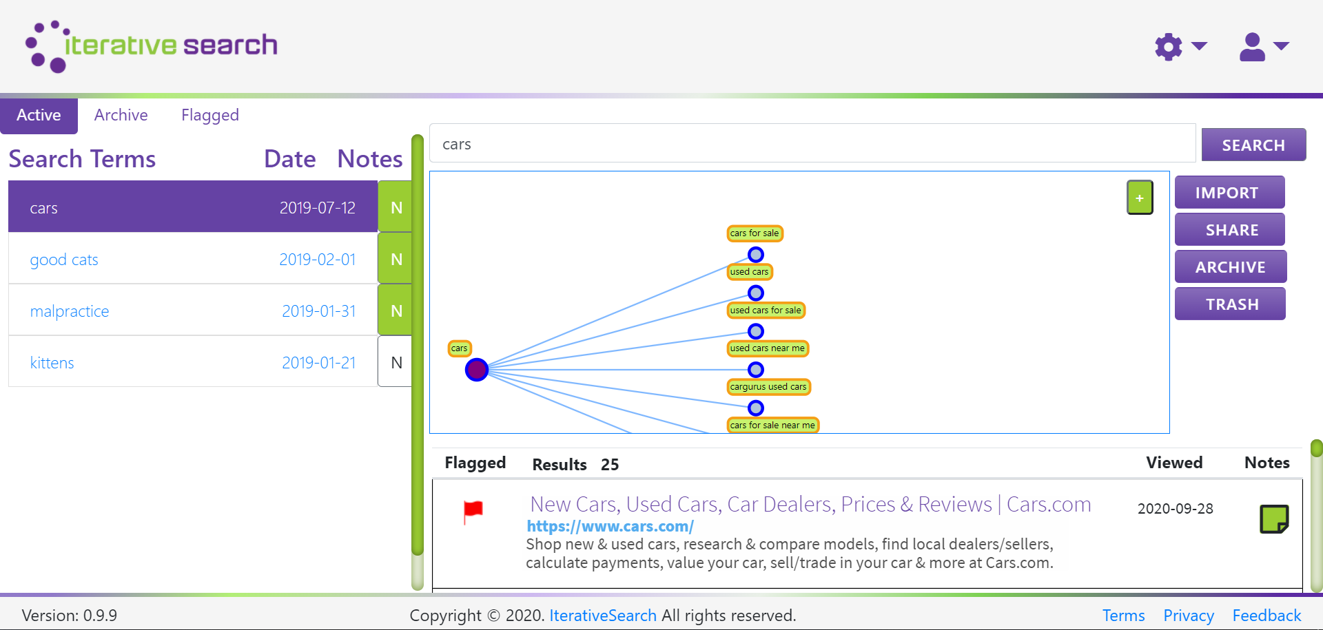 Iterative Search interface showing the visual search map with connected research nodes